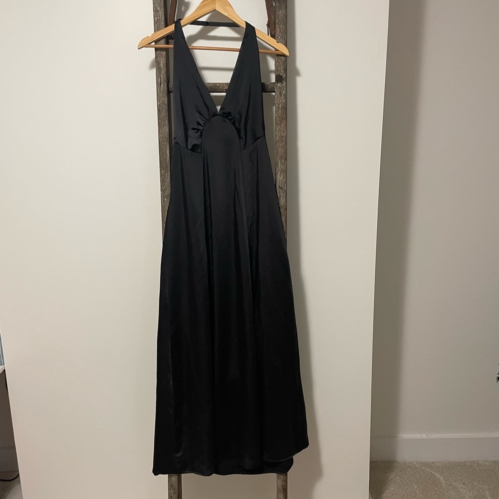 Free People Black V-Neck Open Back Satin Maxi Slip Dress